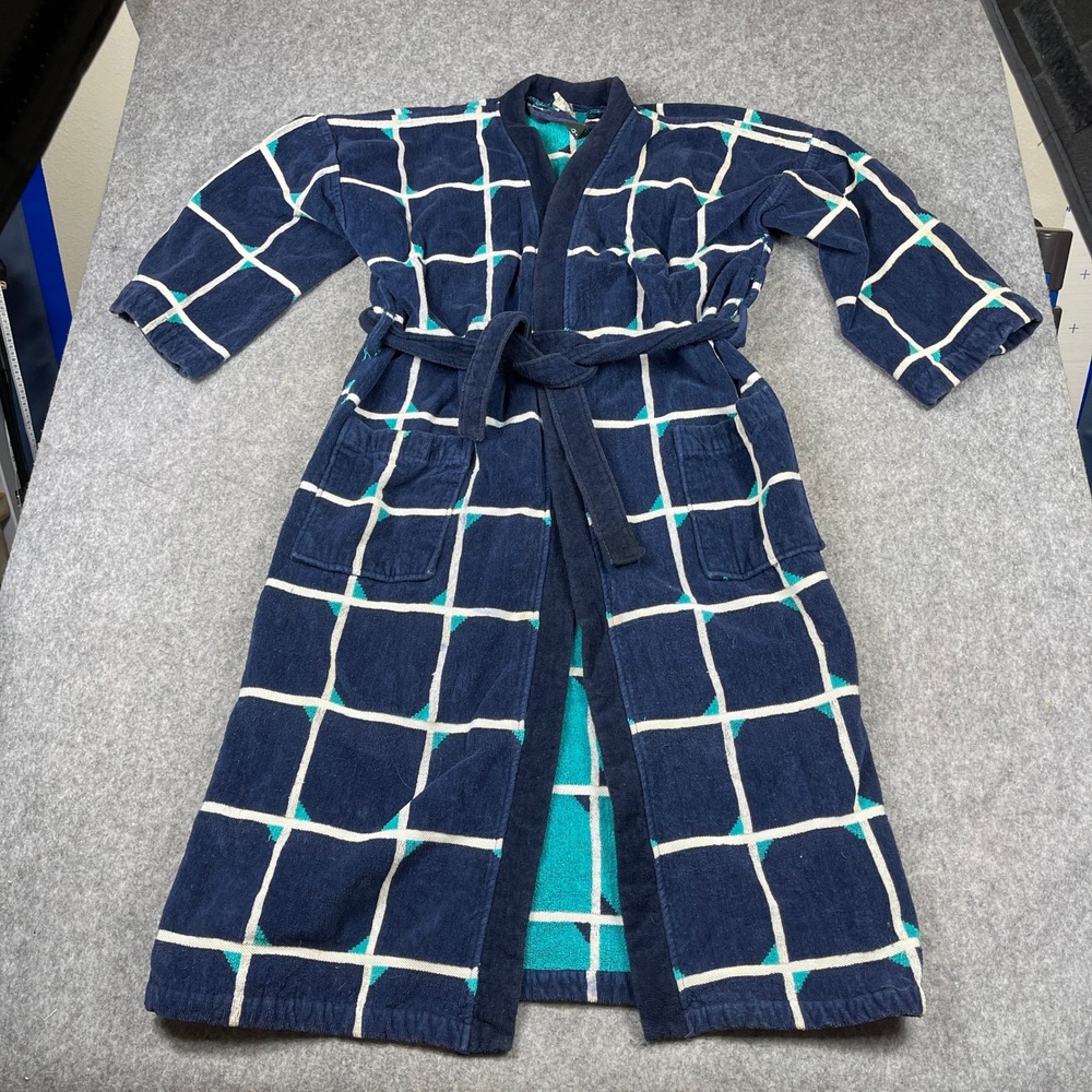 Vintage CEO Mens Terry Cloth Robe Navy Teal Grid Geometric Cotton OSFM 80s Retro
